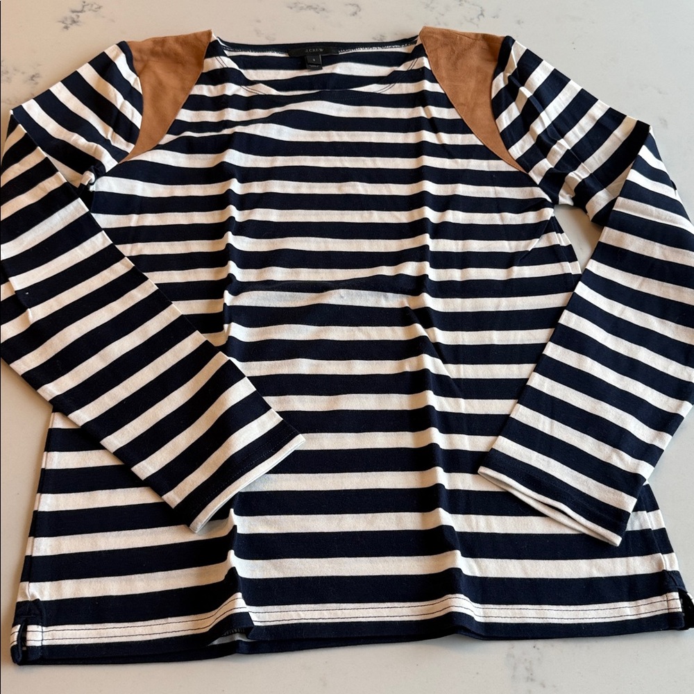 NWOT J. Crew Striped Long Sleeve Top with Suede Shoulders